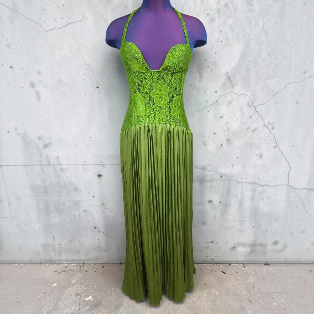 Green Lace Corset Maxi Dress Pleated Skirt Halter Neck Lace Up Back Gown Small